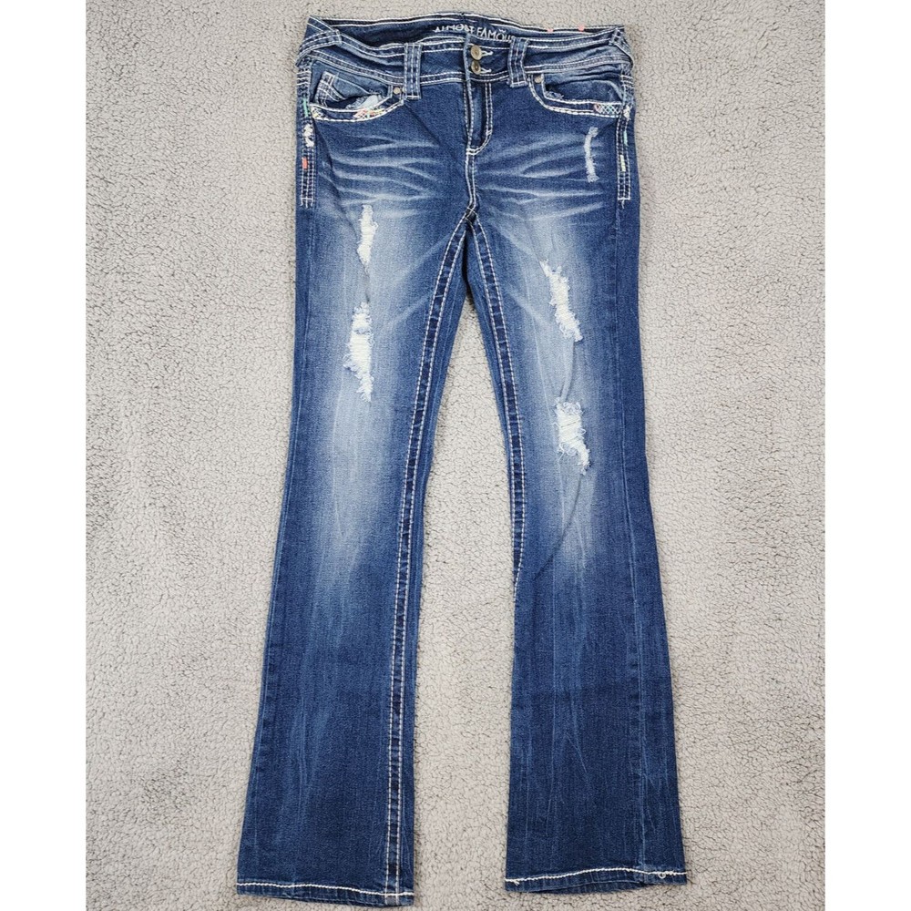 Almost Famous Jeans Womens 7 Distressed Skinny embroidered Rhinestone a035